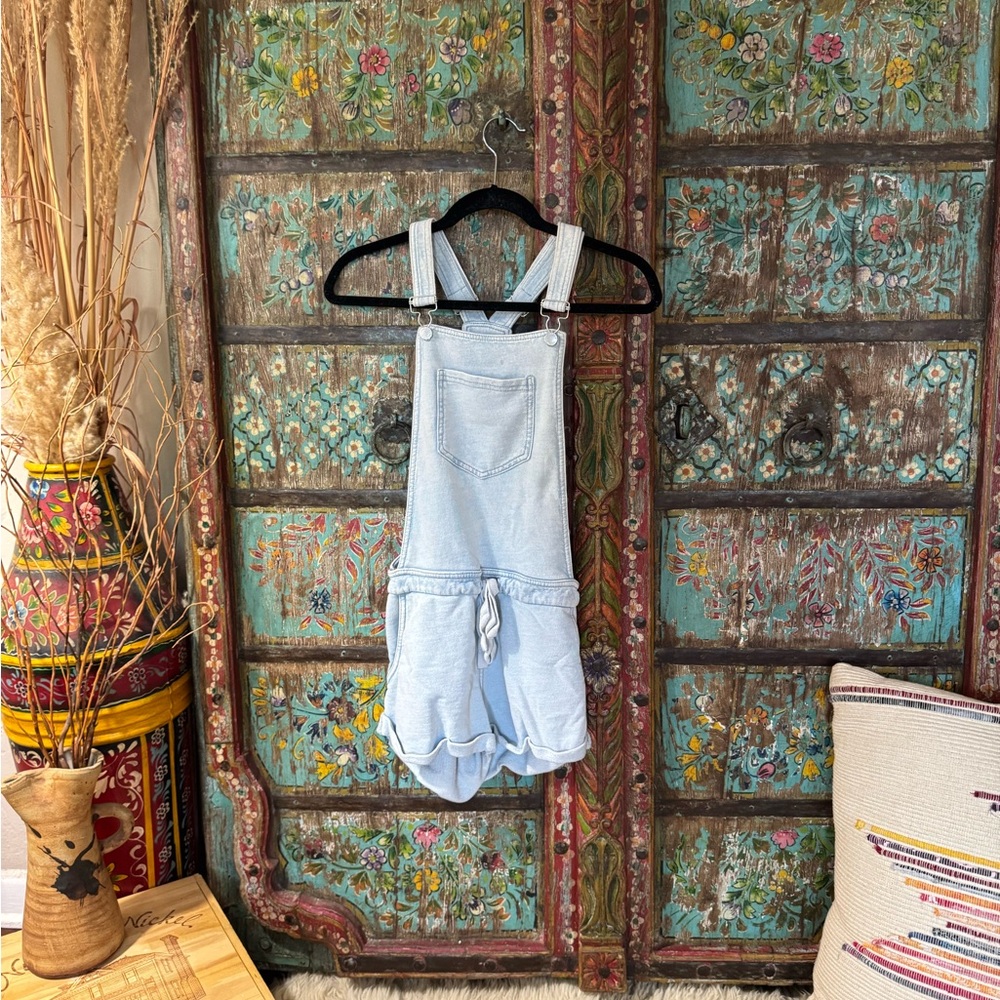 Light Blue Faux Denim Short Overalls